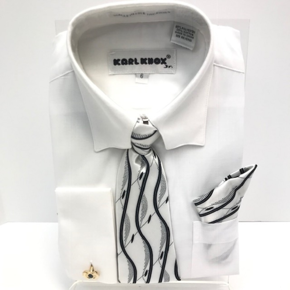 Karl Knox Boys White Dress Shirt White Black Tie Hanky Set Sizes 6 - 8